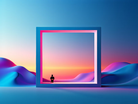Abstract Sunset Landscape An Isolated Colorful Frame Capturing Themes of Isolation, Contemplation, and Time Passage Through Vivid Contrast, Geometric Shapes, and Empty Spaceの素材