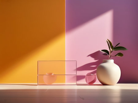 Minimalist Still Life Vase of Plants Against Split Background - Clean Lines & Contrasting Colors Create Depth & Interestの素材