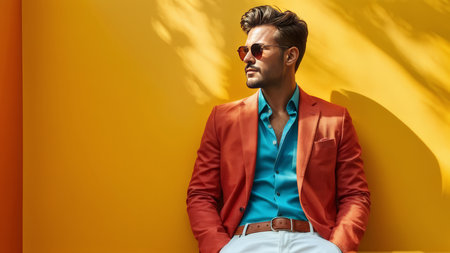 Stylish Man in Red Blazer Dominates Yellow Wall with Classic Fashion Statementの素材