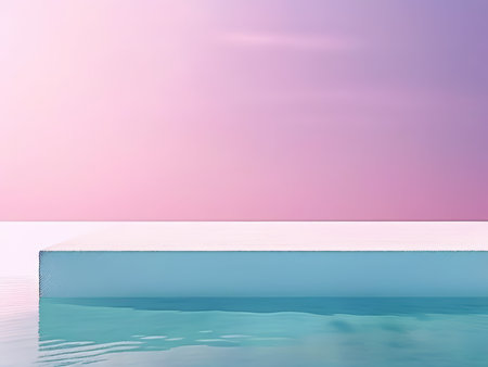 Enchanting Palette A Vibrant Painting of a Swirling Pool in Blue Waters and Radiant Pink Skiesの素材