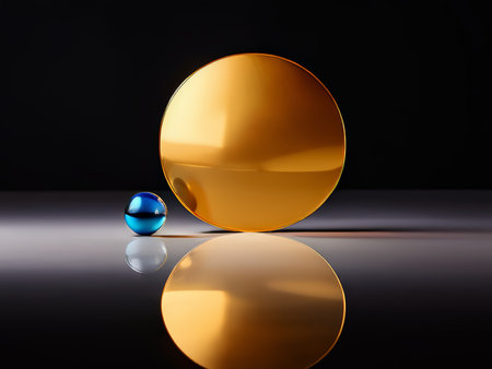 Shiny Spheres A Visual Symphony of Gold and Blue on Dark Reflective Surfaces - An In-depth Look at Illusionary Photography Techniquesの素材