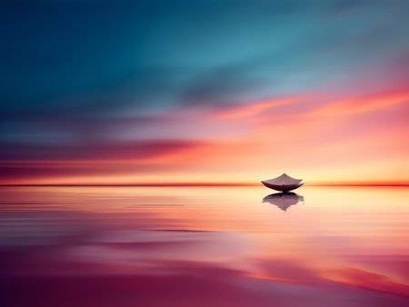 Sunset Reflections Capturing the Tranquil Moment of a Paper Boat Floating on Waterの素材