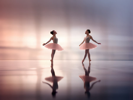 Mirage Ballet Reflections in Pink Tutus Over Reflective Surfaceの素材