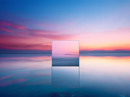 Sunset Reflections Captivating Artistic Squares Over Calm Watersの素材