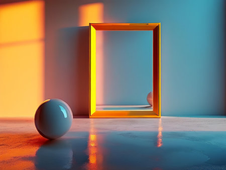 Shimmering Blue Sphere Warm Concrete Floor, Contrasted Lighting Effects, Depth and Focusの素材