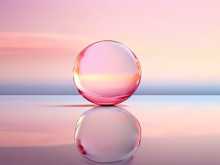 Radiant Reflections The Majestic Red Sphere Mirrors Pink Skies in a Vibrant Optical Encounterの素材