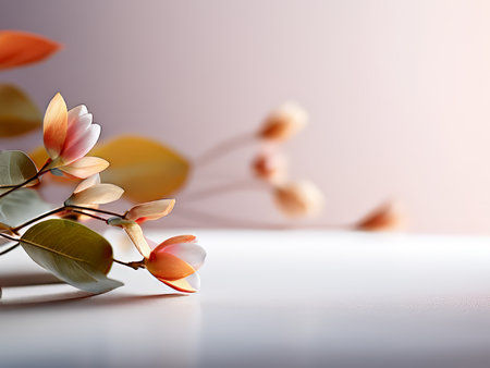 Soft Orange and Green Delicate Bloom Amidst Blurred Pink Flowers in Warm Backgroundの素材