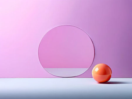 Reflective Reflections An Intimate Encounter Between Pink Walls, Orange Spheres, and Mirrored Shadows in a Discreetly Quiet Sceneの素材