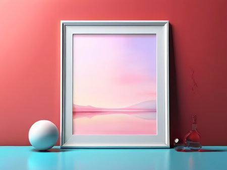 Soft Pink Sunset Over Water A Captivating Display Featuring an Egg, Perfume Bottle, and Frameの素材