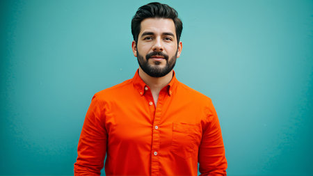 Bearded Man in Orange Shirt with Lights Above - Blue Background Sceneの素材