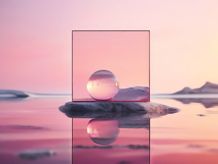 Minimalist Surreal Reflections A Pink Square Block Transparent Sphere in Faint Iceberg/Horizon Background - Symbolizing Clarity Amidst Ambiguity Through Simplicity, Transparency, aの素材