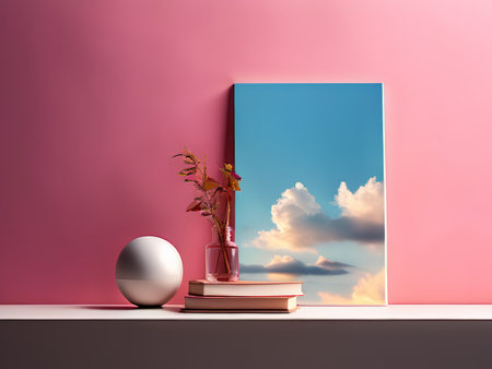 Vintage Vistas A Serene Still Life Composition Featuring Pink Backgrounds, Books, Flowers, Orbs, and Cloudy Skies in a Dried-Out Settingの素材