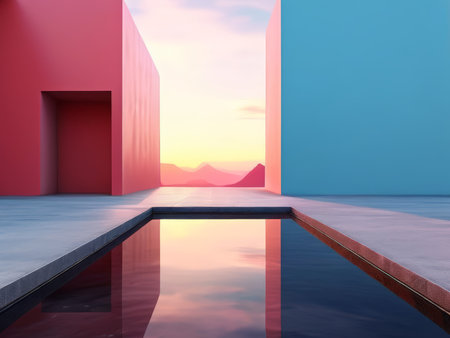 Sunrise Reflections A Minimalist Pool Surrounding Mountains in Vibrant Colorsの素材