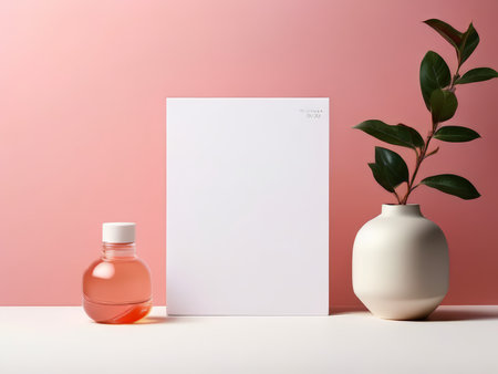 Product Photography Showcase Elegant White Vase, Fresh Plant, and Intriguing Pink Liquid Envelopeの素材