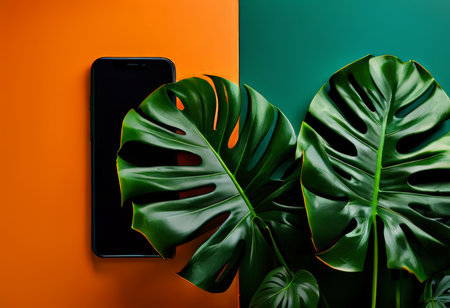 Nature Palette A Vibrant Phone Against a Grassy Orange Background Featuring Colorful Patterns and Shadesの素材
