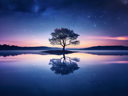 Silent Serenity Capturing Nature Tranquility Amidst Twilight Glowの素材