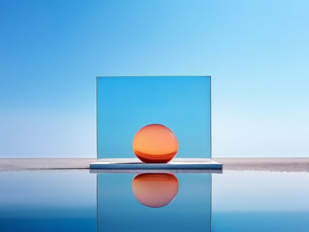 Symmetrical Reflections A Calm Symmetry of Orange Sphere Over Blue Glass, Evoking Feelings of Clarity, Order, Balance, Stillness, Meditation, Mindfulness, Tranquility, Peace, and Sの素材