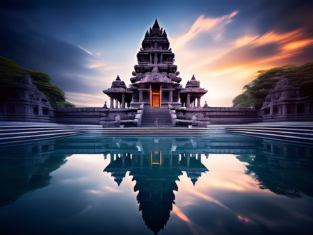 Sunset Reflections Capturing the Spiritual Symphony of Ancient Architecture and Nature Splendorの素材