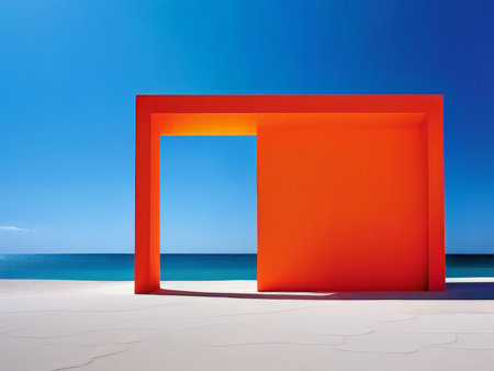 Porta Al Mare A Vivid Red Portal Sculpture Amidst Serene Coastal Scenery, Created by Contemporary Artist Cao Fei in 2017の素材