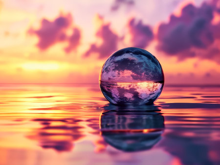 Abstract Reflections A Glass Sphere Sunset Sky Mirrors Ripples on Water in a Serene Visual Symphonyの素材
