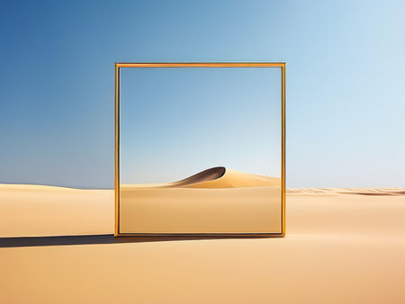 Unfolding Reality Exploring Surrealism Boundless Deserts Through Gold-Framed Dreamscapesの素材