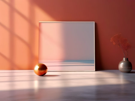 Whimsical Interior Scene with Metallic Vase and Shiny Sphere Warm Ambiance Through Sheer Curtains in a Light Grey Room with Pinkish-Orange Wall Behindの素材