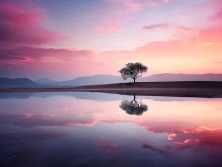 Isle Reflections A Tranquil Pink Cloud Tree Offering Serenity Through Symmetry and Soft Lightの素材