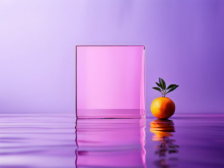Unique Still-Life Composition A Vibrant Pink Glass Vase Reflecting Oranges Against Purple Gradient Backgroundの素材