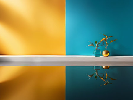 Flat Surface Reflections A Colorful Encounter and Unseen Objects Amidst Yellow and Blue Blocksの素材