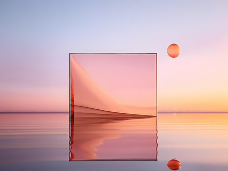 Abstract Reflections A Digital Artwork Capturing the Mysterious Interplay Between Water, Sky, and Light in a Curved Prism Structureの素材