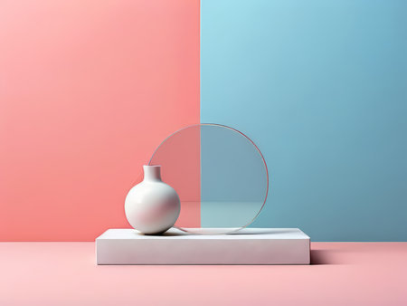 Minimalist Abstraction A Pink Vase and White Mirror Still Life Photography in Modern Designの素材