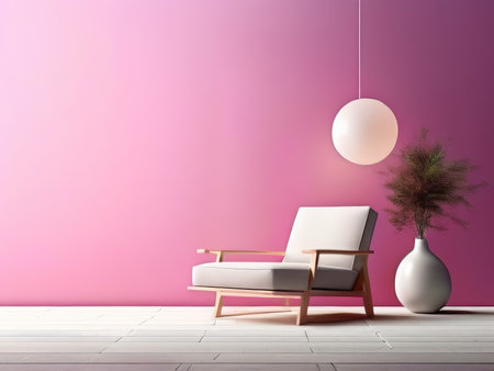 Minimalist Modern Ambiance Soft Pink Walls, White Floor, Armchair & Vase - A Calming Space for Relaxation or Productivityの素材