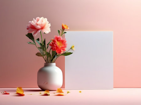 Floral Tranquility A Still Life Composition of White Vase and Colorful Flowers Against Pink Backgroundの素材