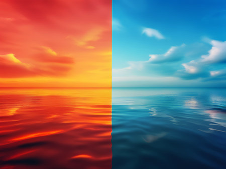 Sunset Splendor vs Calm Sea A Vibrant Contrast of Warmth and Tranquility in Natural Sceneryの素材