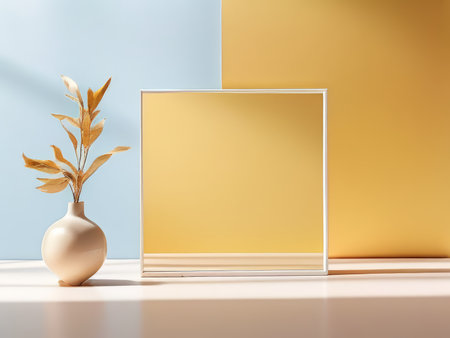 Vibrant Contrast A Golden Vase Against a Blue-Orange Frame - An Intricate Composition of Color and Formの素材