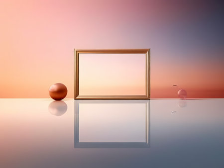 Minimalist Canvas A Golden Framed Composition Amidst Reflective Spheres in Softly Gradient Backgroundの素材