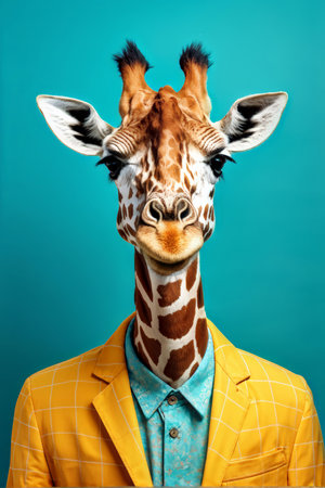 Portrait of a giraffe in a suit on a blue background.の素材