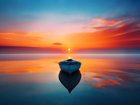 Sunset Serenity Capturing Reflections on Calm Water with a Floating Boatの素材