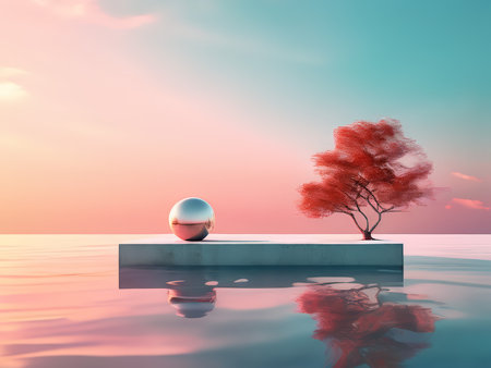 Enigmatic Universe A Sphere, Floating Tree, and Reflection in an Otherworldly Landscapeの素材