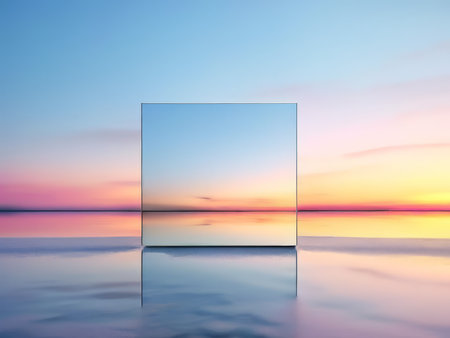Reflections of Serenity A Tranquil Landscape with a Rectangular Mirror and Calm Waterの素材