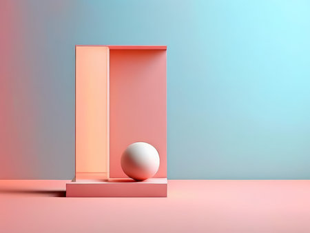 Geometric Abstractions A Minimalist Sphere Composed Against Pink Shelves and Open Book Shadows in Modern Minimalist Artの素材