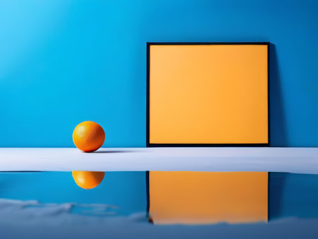 Minimalist Modern Art Composition Two Oranges in Mirror Reflection Against Vibrant Blue Background - Abstract Harmony and Curiosityの素材