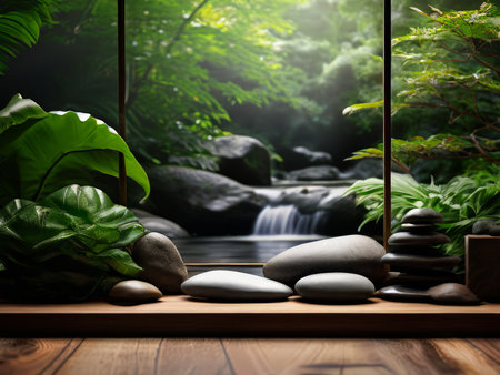 Serene Natural Beauty Tranquil Rock Garden Featuring Waterfall, Greenery, and Wooden Tableの素材