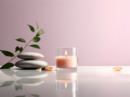 Peaceful Serenity A Radiant Garden Scene Illuminated by a Candlelit Reflection Against a Soft-Pink Backgroundの素材