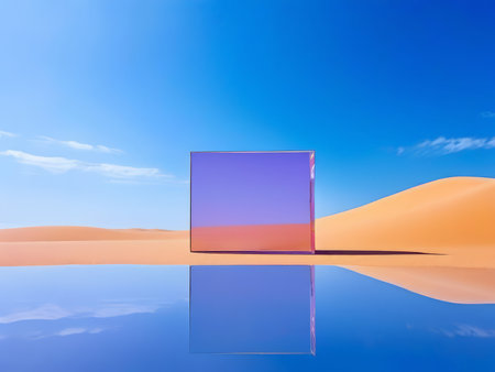 Reflective Cube in Sand Dunes An Ethereal Blue Sky Reflection Underneath Colorful Side Transitionの素材