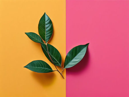 Minimalist Modern Botanical Illustration Vibrant Leaf Against Harmonious Color Blocks - Eco-Friendly Branding and Wellness Advertisementsの素材