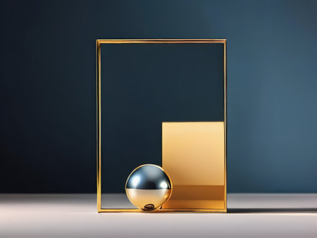 Radiant Reflections A Gold Frame Encompassing a Reflective Sphere in a Dark Blue Background - An Artistic Interior Design Elementの素材