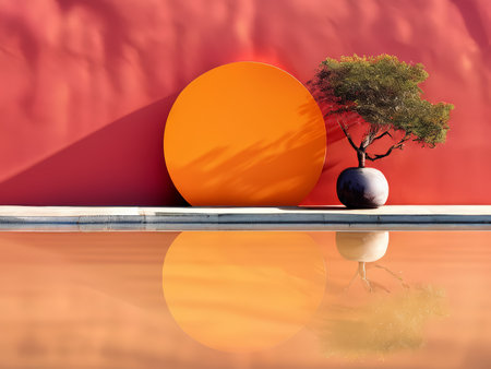 Sunlit Serenity A Majestic Orange Circle Reflecting in a Tranquil Water Body, Enriched by Intricate Garden Elements and Warm Red Wall Surroundingsの素材