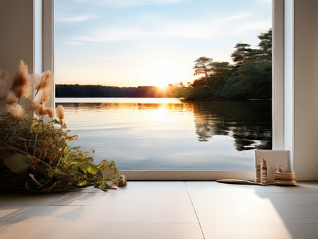 Indoor Oasis A Tranquil Reflection of Nature at Sunset Through Glassの素材