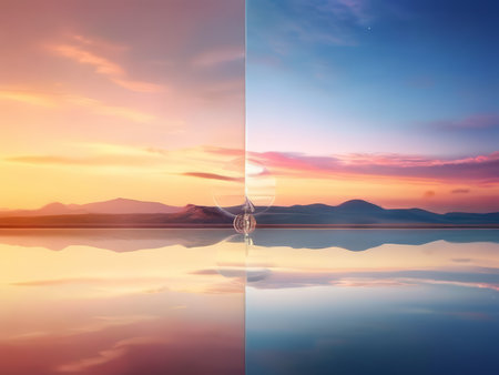 Scenic Transformation Capturing Two Vistas Overlapping a Mountainous Waterscapeの素材